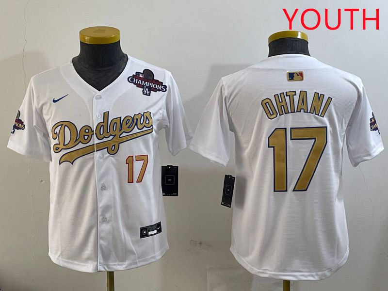 Youth Los Angeles Dodgers #17 Ohtani White Champion gold character 2025 Nike MLB Jersey style 5
